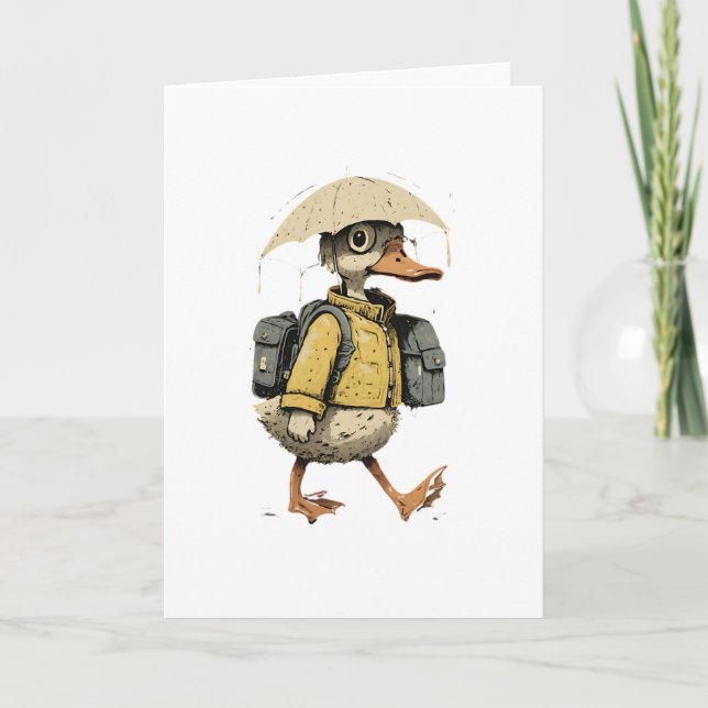 Whimsical Duck Walking in Rain Art Card (Front)