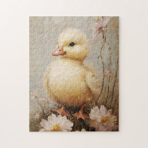 Whimsical Duckling with Flowers Spring Art Jigsaw Puzzle