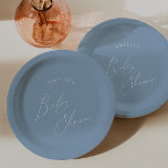 Whimsical Dusty Blue Baby Shower Paper Plate<br><div class="desc">Introducing our whimsical dusty blue baby shower paper plates, perfect for your simple modern boho spring or winter celebration! This plate has a boho-chic vibe with elegant calligraphy and a minimalist white-on-blue design, making it ideal for boys. Plus, it's editable, so you can add your own classy, whimsical touch to...</div>
