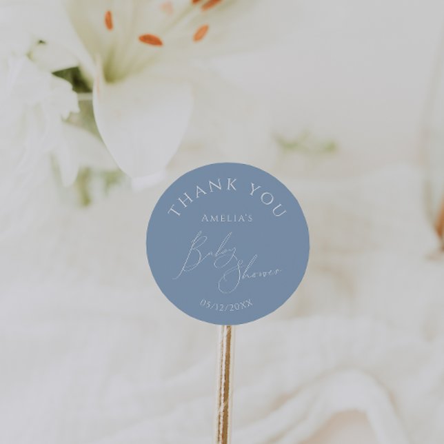 Whimsical Dusty Blue Baby Shower Thank You Favour Classic Round Sticker (Creator Uploaded)