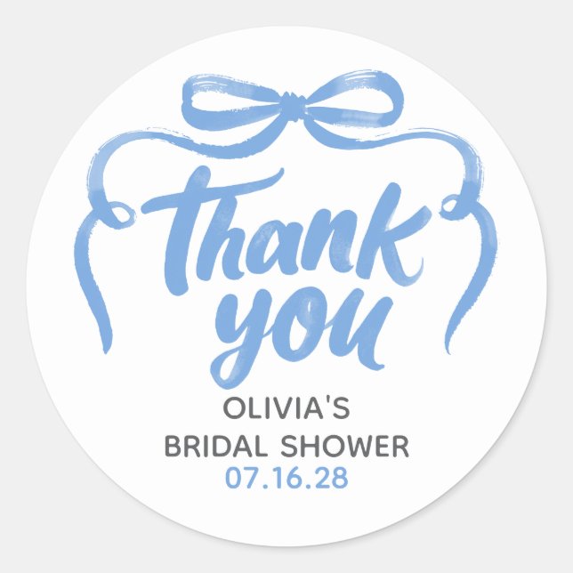 Whimsical Dusty Blue Bow Bridal Shower Thank You  Classic Round Sticker (Front)