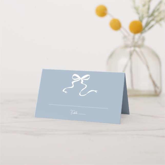 Whimsical Dusty Blue Bow Folded Place Card (Front)