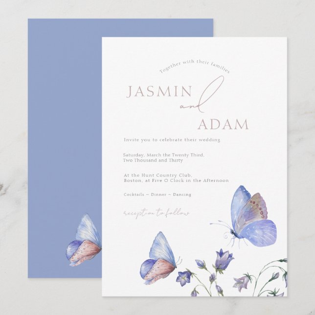 Whimsical Dusty Blue Butterfly Wildflower Monogram Invitation (Front/Back)