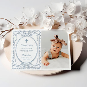 Whimsical Dusty Blue Coquette Photo Baptism Thank You Card