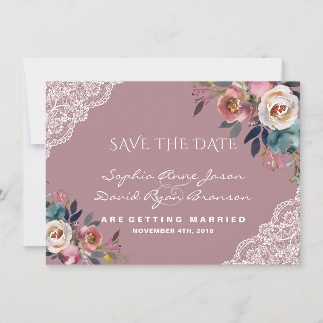Whimsical Dusty Blue Dusty Rose Flowers Wedding Save The Date (Front)