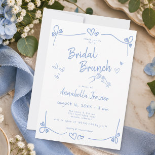 Whimsical Dusty Blue Hand Drawn Bridal Brunch Invitation
