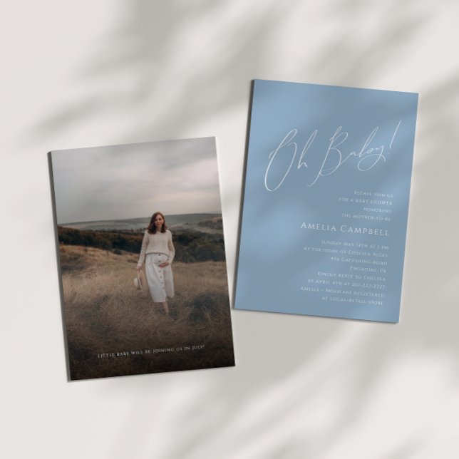 Whimsical Dusty Blue Oh Baby! Photo Baby Shower  Invitation (Creator Uploaded)