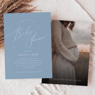 Whimsical Dusty Blue   Photo Baby Shower Invitation