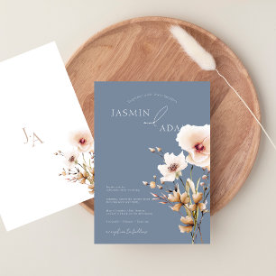 Whimsical Dusty Blue Pink Wildflowers Wedding Invitation