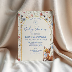 Whimsical Dusty Blue Woodland Fox Baby Shower Invitation