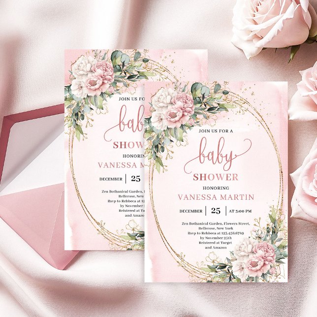 Whimsical Dusty Pink Flowers Eucalyptus Baby Showe Invitation (Whimsical Dusty Pink Flowers Eucalyptus Baby Shower)