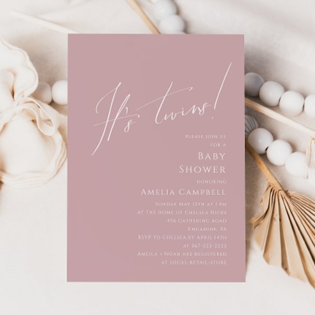 Whimsical Dusty Rose It's Twins Baby Shower Invitation (Creator Uploaded)