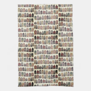 Whimsical Dutch Houses Amsterdam Pattern Neutrals Tea Towel