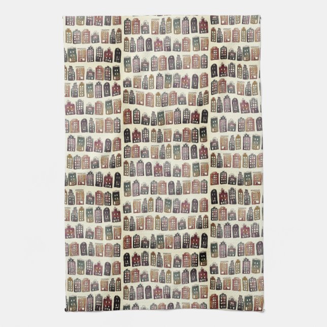 Whimsical Dutch Houses Amsterdam Pattern Neutrals Tea Towel (Vertical)