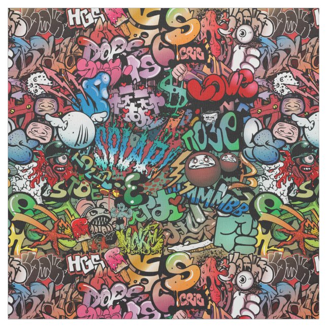 Whimsical dynamic street art Graffiti art pattern Fabric (Swatch)