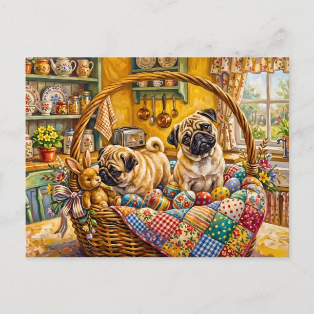 Whimsical Easter Basket Mops Dog Illustration Holiday Postcard (Front)