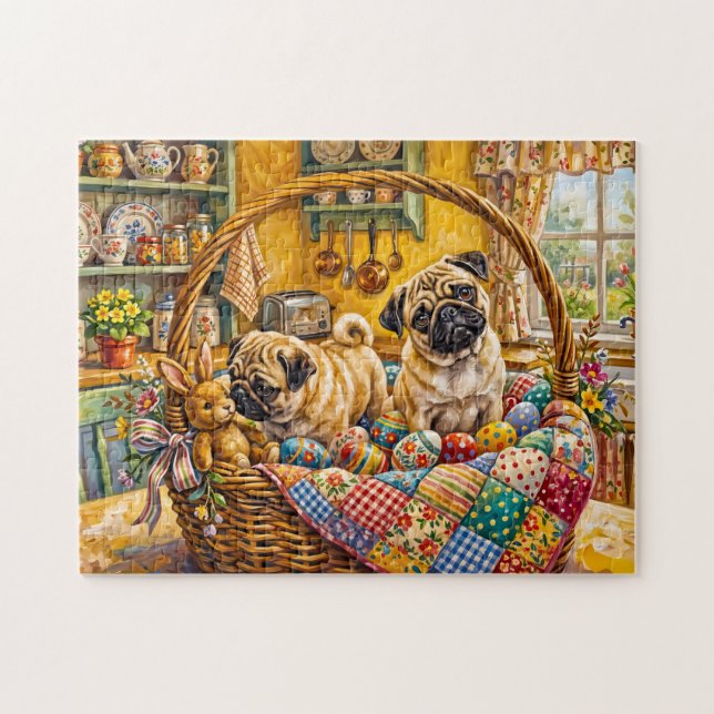 Whimsical Easter Basket Mops Dog Illustration Jigsaw Puzzle (Horizontal)