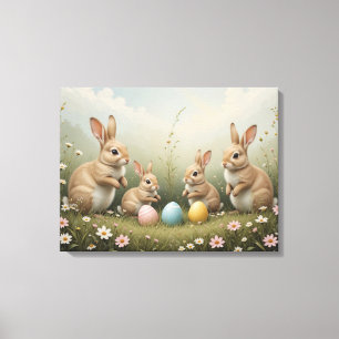 Whimsical Easter Bunnies in Meadow Rustic Pastel Canvas Print