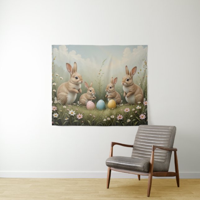 Whimsical Easter Bunnies in Meadow Rustic Pastel  Tapestry (In Situ (Horizontal))