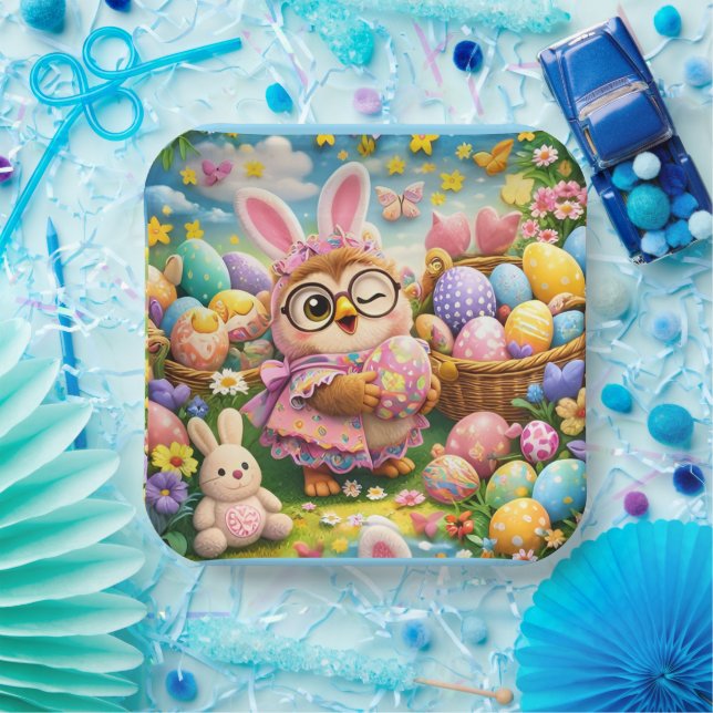 Whimsical Easter bunny and colourful eggs Paper Plate (Party)