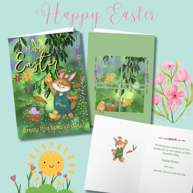 Whimsical Easter Bunny Chicken Custom Message Holiday Card ( Watercolor Easter Bunny Chicken Custom Message Holiday Card)