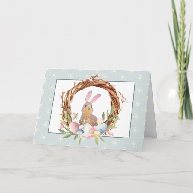 Whimsical Easter Bunny Easter Egg Wreath Card (Front)