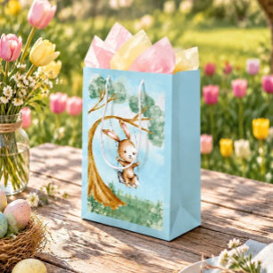 Whimsical Easter Bunny on Swing Light Blue Medium Gift Bag