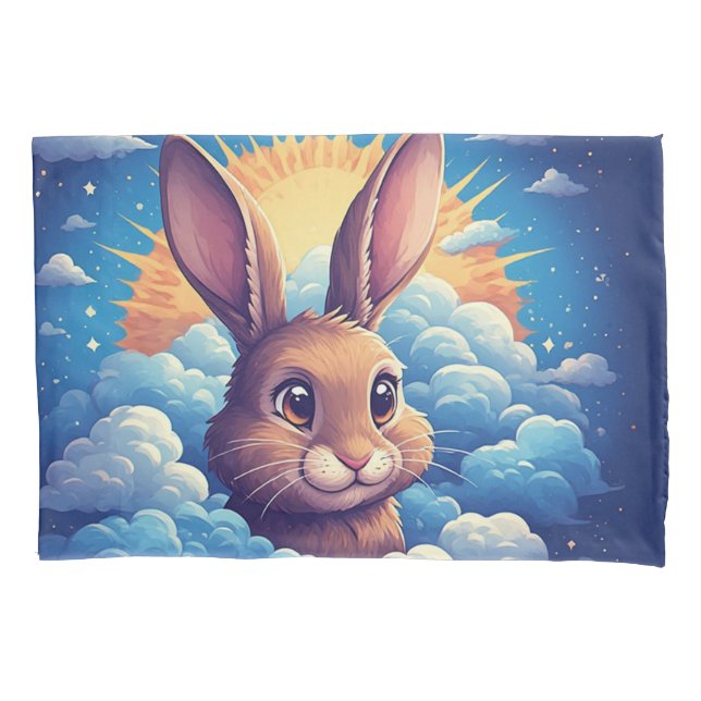 Whimsical Easter Bunny Surrounded By Clouds Pillowcase (Front)