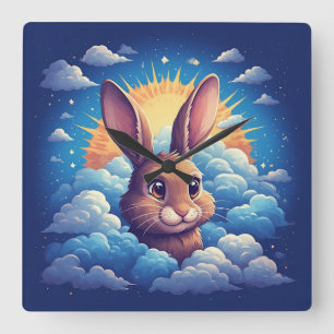 Whimsical Easter Bunny Surrounded By Clouds Square Wall Clock