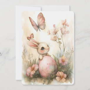 Whimsical Easter Bunny with Butterflies Blush Pink Holiday Card