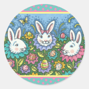 WHIMSICAL EASTER EGG GARDEN, BUNNY RABBIT FLOWERS CLASSIC ROUND STICKER