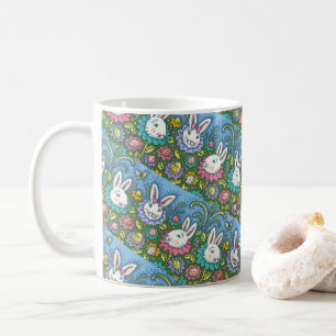 WHIMSICAL EASTER EGG GARDEN, BUNNY RABBIT FLOWERS COFFEE MUG