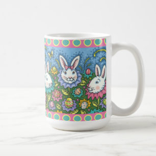 WHIMSICAL EASTER EGG GARDEN, BUNNY RABBIT FLOWERS COFFEE MUG