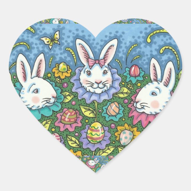 WHIMSICAL EASTER EGG GARDEN, BUNNY RABBIT FLOWERS HEART STICKER (Front)