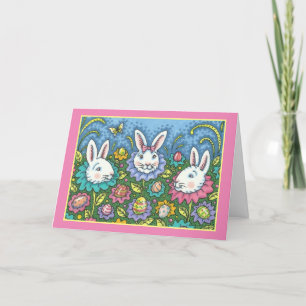 WHIMSICAL EASTER EGG GARDEN, BUNNY RABBIT FLOWERS HOLIDAY CARD