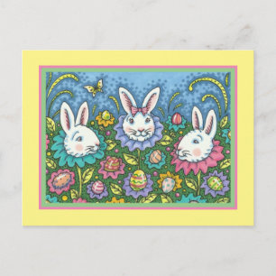 WHIMSICAL EASTER EGG GARDEN, BUNNY RABBIT FLOWERS HOLIDAY POSTCARD