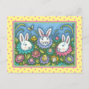 WHIMSICAL EASTER EGG GARDEN, BUNNY RABBIT FLOWERS HOLIDAY POSTCARD
