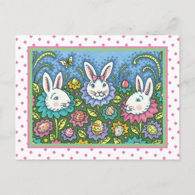 WHIMSICAL EASTER EGG GARDEN, BUNNY RABBIT FLOWERS HOLIDAY POSTCARD (Front)