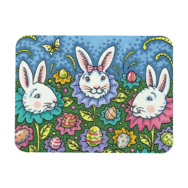 WHIMSICAL EASTER EGG GARDEN, BUNNY RABBIT FLOWERS  MAGNET (Horizontal)
