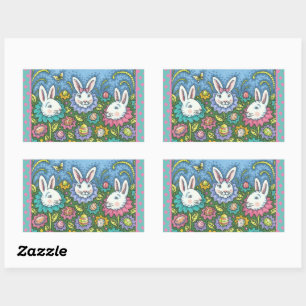 WHIMSICAL EASTER EGG GARDEN, BUNNY RABBIT FLOWERS RECTANGULAR STICKER