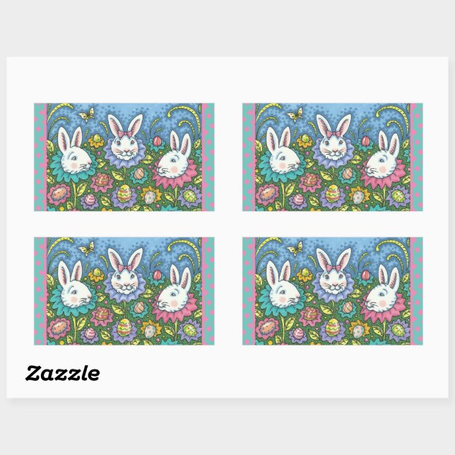 WHIMSICAL EASTER EGG GARDEN, BUNNY RABBIT FLOWERS RECTANGULAR STICKER (Sheet)