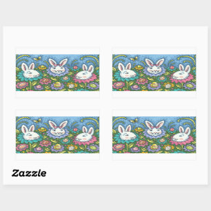 WHIMSICAL EASTER EGG GARDEN, BUNNY RABBIT FLOWERS  RECTANGULAR STICKER