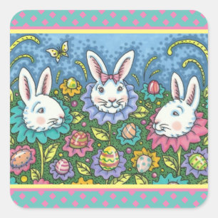 WHIMSICAL EASTER EGG GARDEN, BUNNY RABBIT FLOWERS SQUARE STICKER