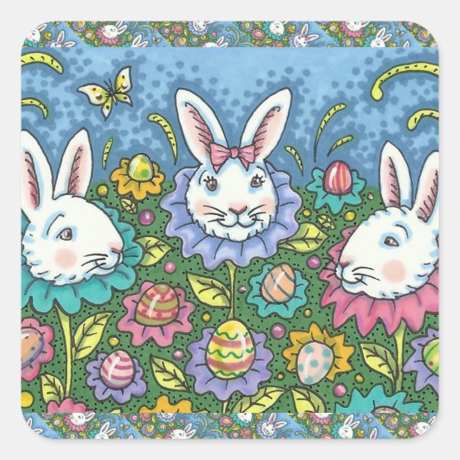 WHIMSICAL EASTER EGG GARDEN, BUNNY RABBIT FLOWERS SQUARE STICKER (Front)