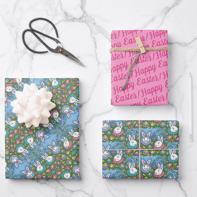 WHIMSICAL EASTER EGG GARDEN, BUNNY RABBIT FLOWERS WRAPPING PAPER SHEET (Front)