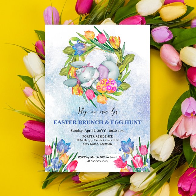 Whimsical Easter Eggs and Bunny Tulips Invitation (Easter brunch and egg hunt invitation top view design.)