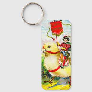 Whimsical Easter Greetings: Rider on Giant Chick Key Ring