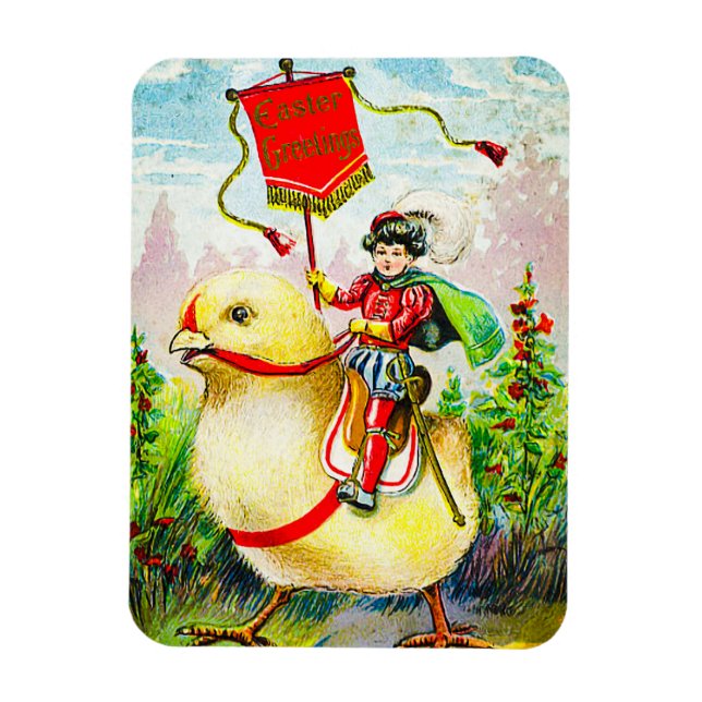 Whimsical Easter Greetings: Rider on Giant Chick Magnet (Vertical)