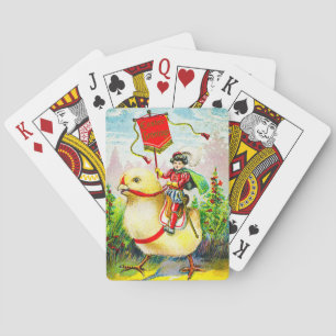 Whimsical Easter Greetings: Rider on Giant Chick Playing Cards