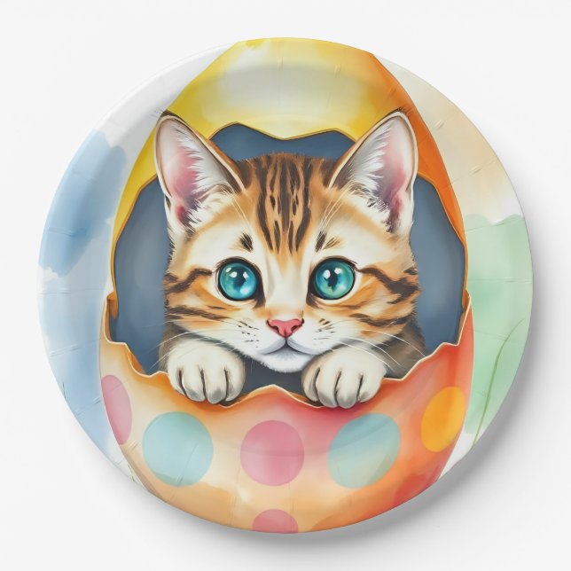 whimsical Easter Kitten in Floral Eggshell  Paper Plate (Front)